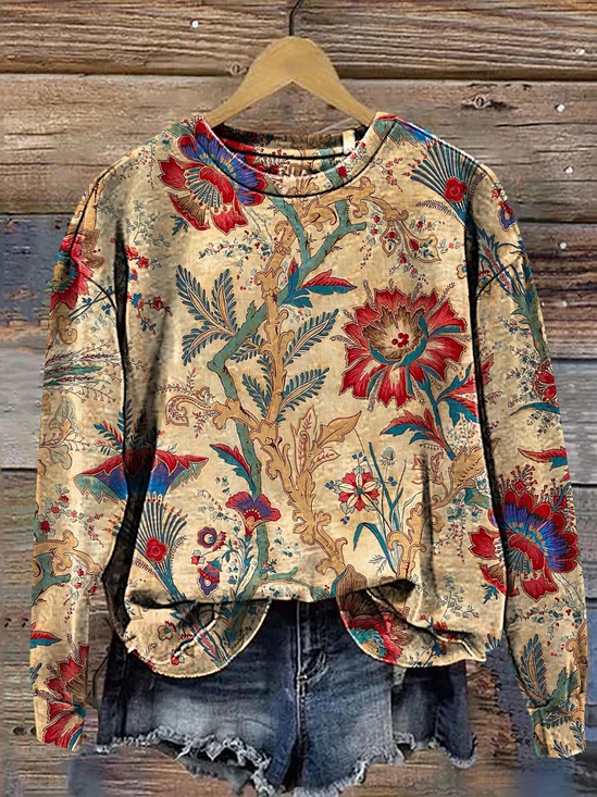 Women Floral Crew Neck Printing Casual Spring/Fall Long Sleeve Sweatshirt