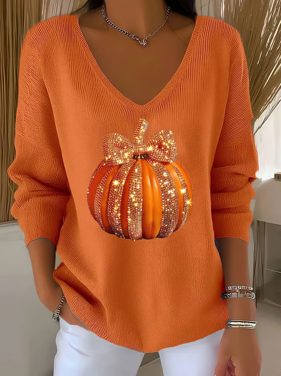Women Halloween (pumpkin) Long Sleeve Tee T-shirt V Neck Printing Casual Spring/Fall Top