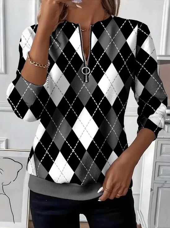 Women Plaid Crew Neck Printing Casual Spring/Fall Long Sleeve Sweatshirt