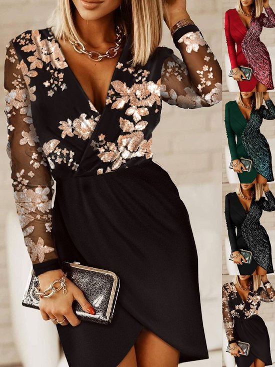 Women Floral Long Sleeve Spring/Fall Split Joint Dress V Neck Daily Casual Mini Hip Skirt A-Line Dress