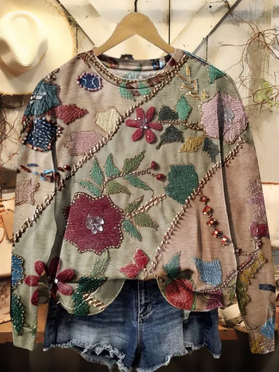 Women Floral Crew Neck Printing Casual Spring/Fall Long Sleeve Sweatshirt