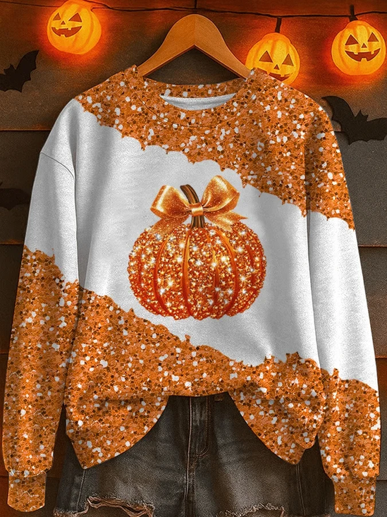 Women Halloween (pumpkin) Crew Neck Printing Casual Spring/Fall Long Sleeve Sweatshirt