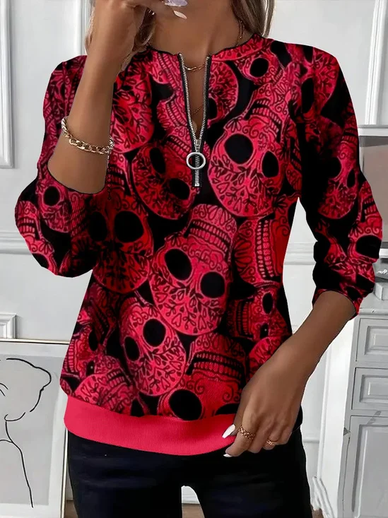 Women Skull Crew Neck Printing Casual Spring/Fall Long Sleeve Sweatshirt