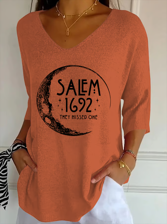 Women Halloween Three Quarter Sleeve Tee T-shirt V Neck Printing Casual Spring/Fall Graphic Tee Top