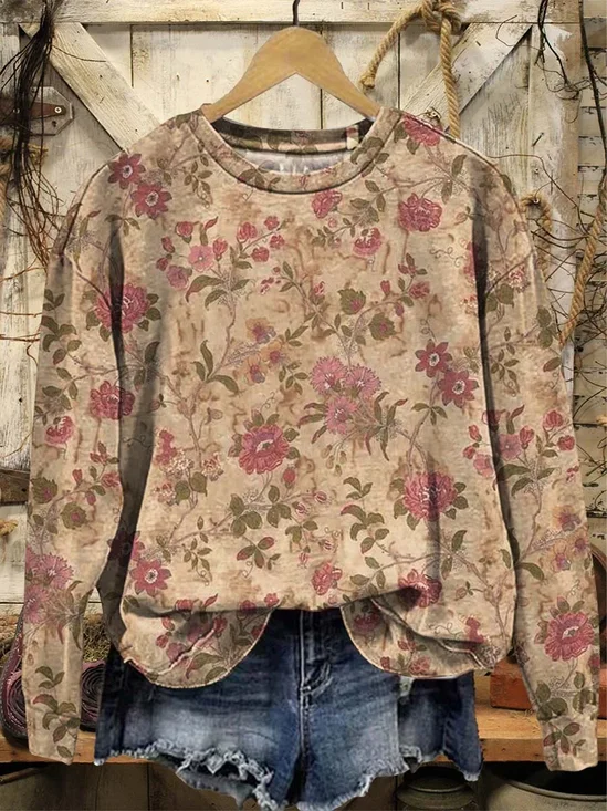Women Floral Crew Neck Printing Casual Spring/Fall Long Sleeve Sweatshirt