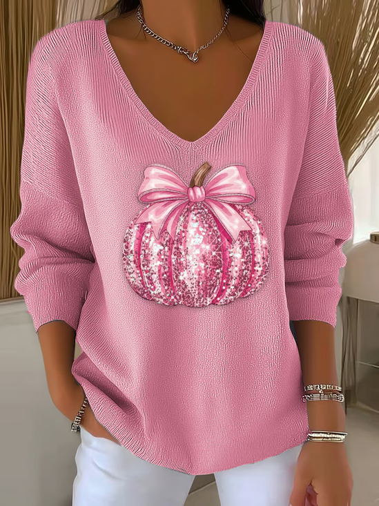 Women Halloween (pumpkin) Long Sleeve Tee T-shirt V Neck Printing Casual Spring/Fall Top