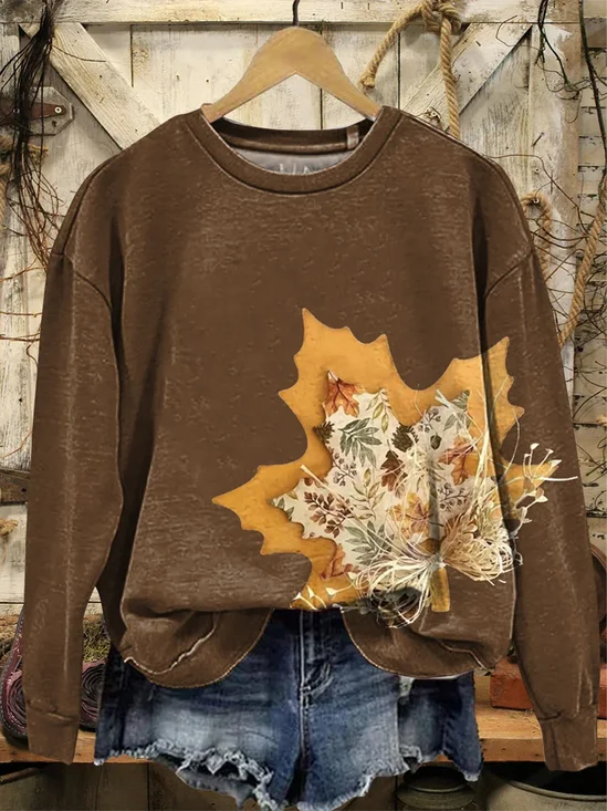 Women Maple Leaf Crew Neck Printing Casual Spring/Fall Long Sleeve Sweatshirt