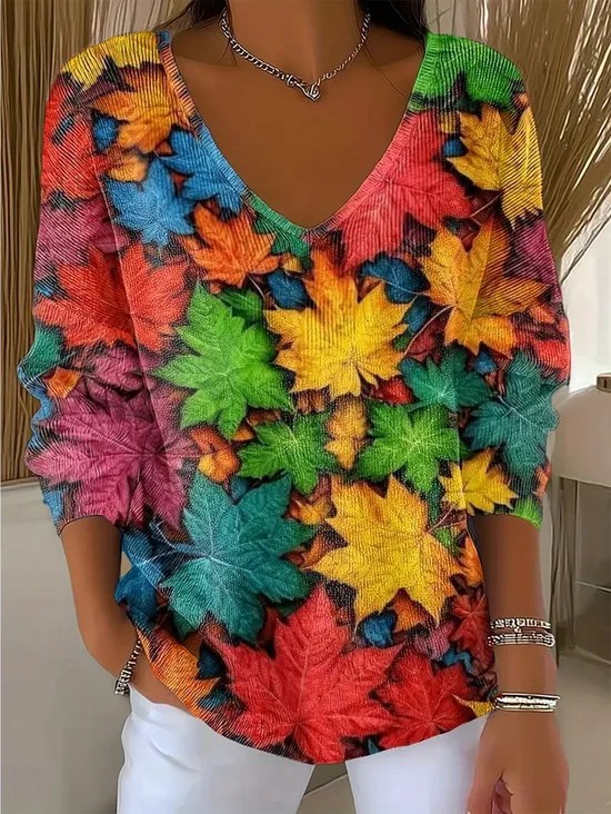 Women Maple Leaf Long Sleeve Tee T-shirt V Neck Printing Casual Spring/Fall Top