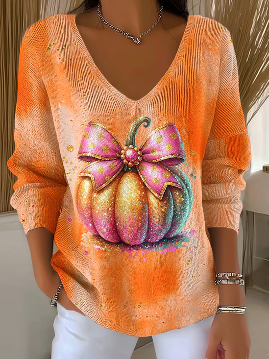 Women Halloween (pumpkin) Long Sleeve Tee T-shirt V Neck Printing Casual Spring/Fall Top