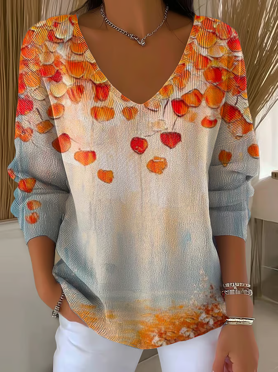 Women Maple Leaf Long Sleeve Tee T-shirt V Neck Printing Casual Spring/Fall Top
