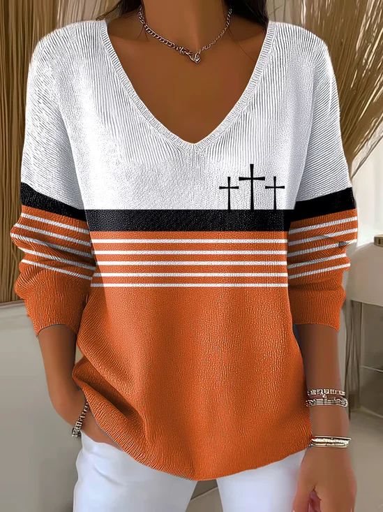 Women Multicolor Block Long Sleeve Tee T-shirt V Neck Printing Casual Spring/Fall Top