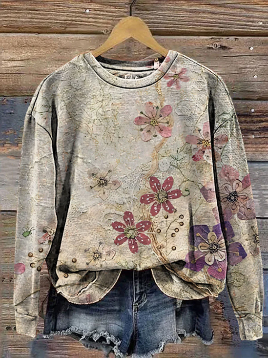 Women Floral Crew Neck Printing Casual Spring/Fall Long Sleeve Sweatshirt