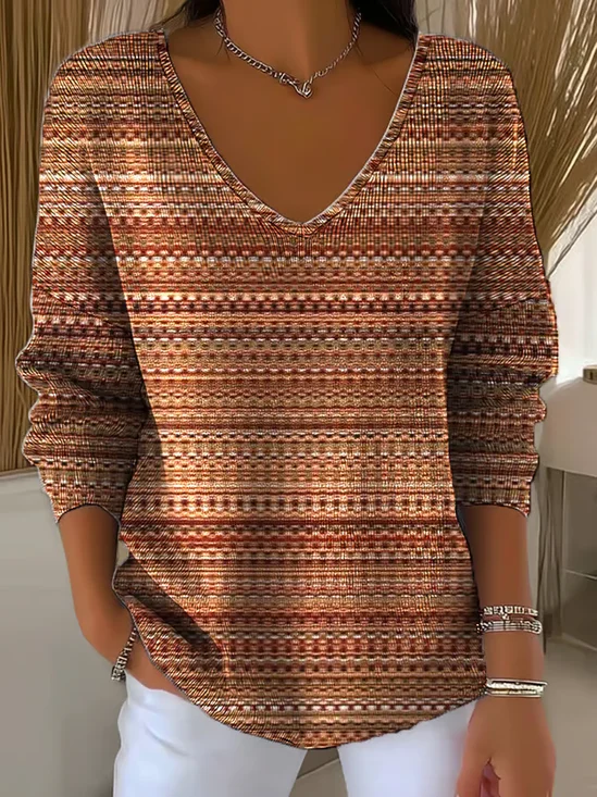 Women Abstract Stripes Long Sleeve Tee T-shirt V Neck Printing Casual Spring/Fall Top