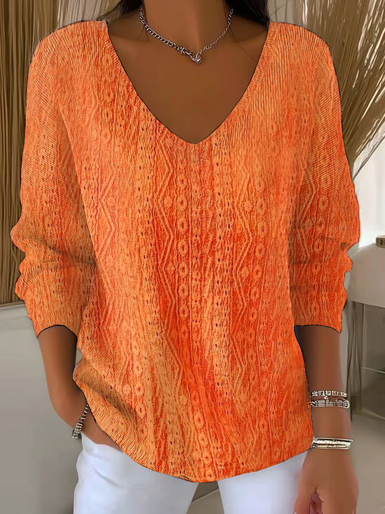 Women Abstract Long Sleeve Tee T-shirt V Neck Printing Casual Spring/Fall Top