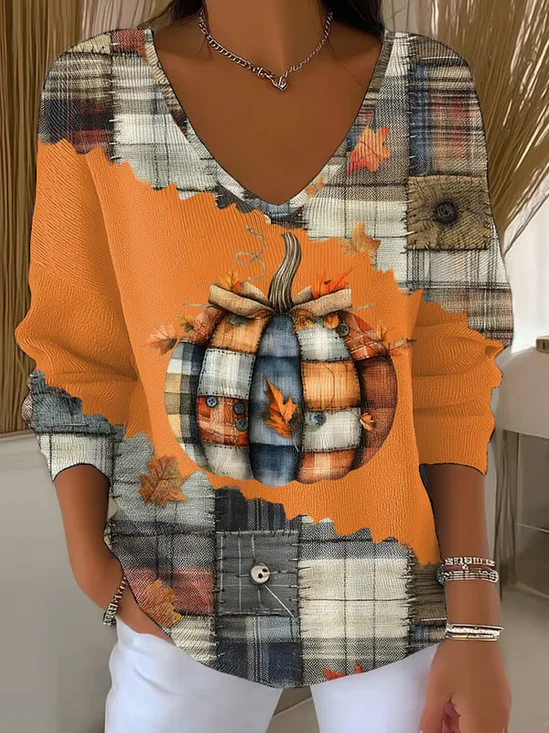 Women Halloween (pumpkin) Long Sleeve Tee T-shirt V Neck Printing Casual Spring/Fall Top