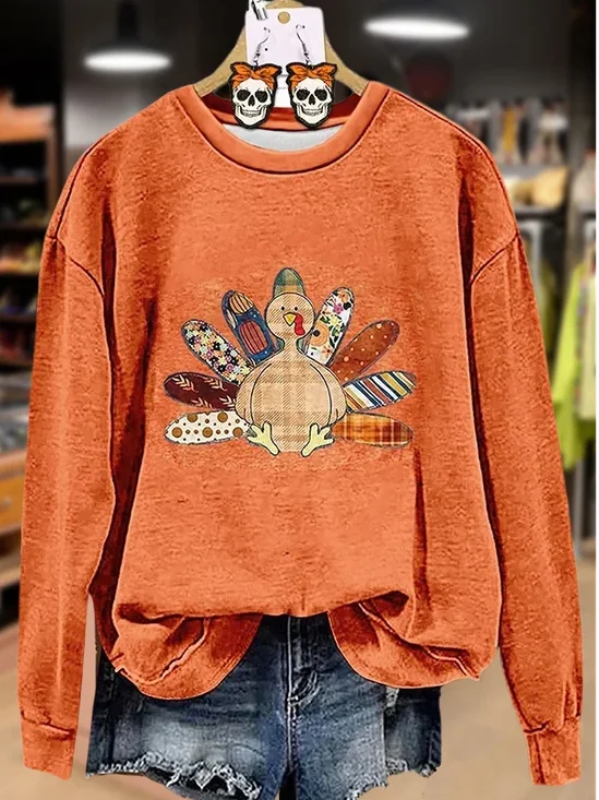 Women Turkey Crew Neck Printing Casual Spring/Fall Long Sleeve Sweatshirt