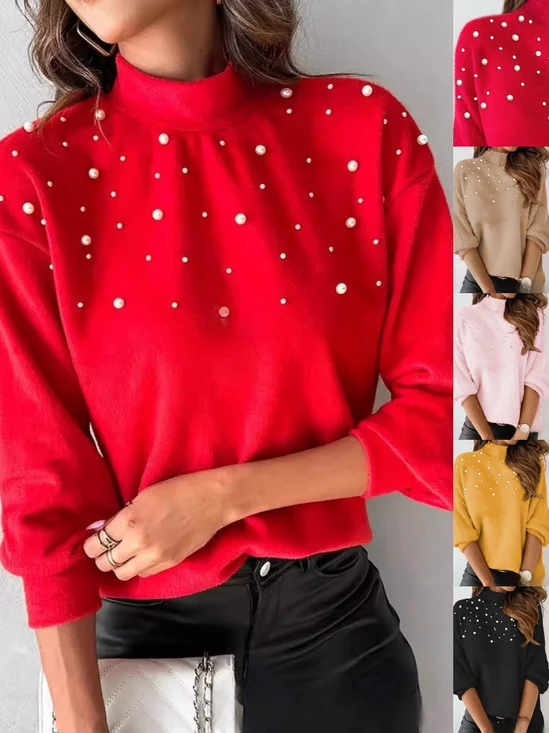 Women Plain Beaded Winter Street Long Sleeve Crew Neck Sweater
