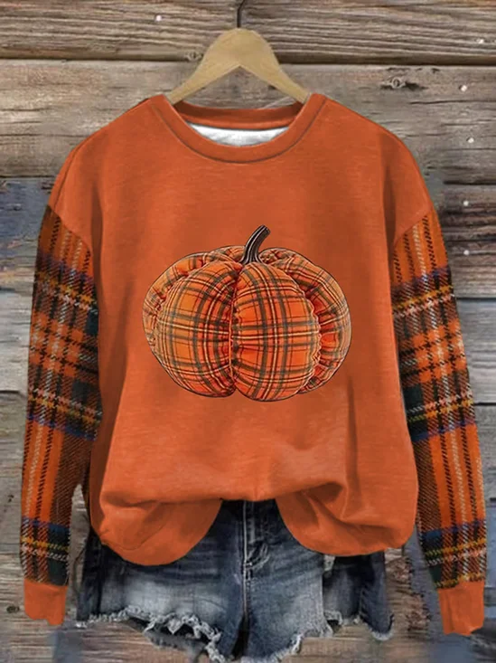 Women Plaid Crew Neck Printing Casual Spring/Fall Long Sleeve Sweatshirt