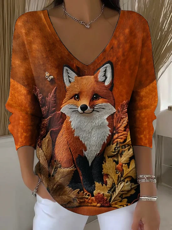 Women Animal Long Sleeve Tee T-shirt V Neck Printing Casual Spring/Fall Top