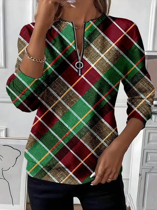 Women Plaid Crew Neck Printing Casual Spring/Fall Long Sleeve Sweatshirt