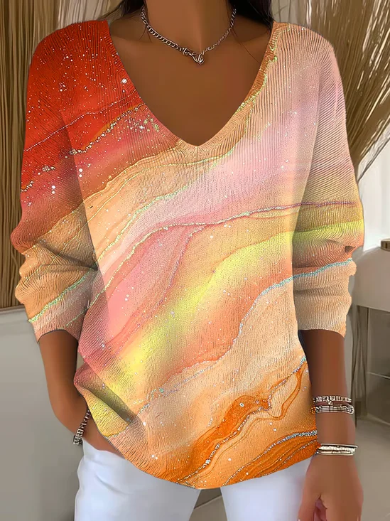 Women Abstract Long Sleeve Tee T-shirt V Neck Printing Casual Spring/Fall Top