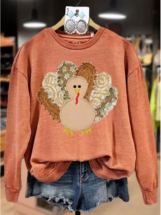 Women Turkey Crew Neck Printing Casual Spring/Fall Long Sleeve Sweatshirt
