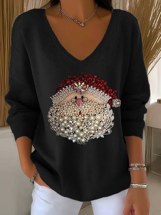 Women Santa Claus Long Sleeve Tee T-shirt V Neck Printing Casual Spring/Fall Top