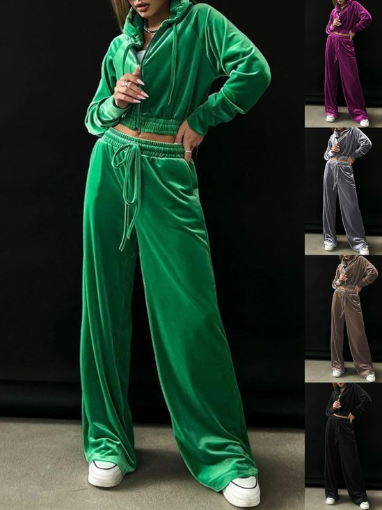 Women Plain Split Joint Two-Piece Set Daily Long Sleeve Casual Spring/Fall Top With Pants Matching Set