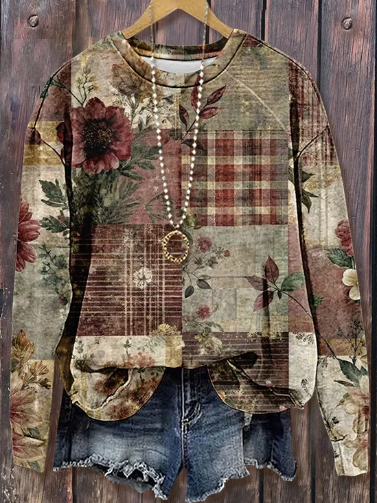 Women Floral Crew Neck Printing Casual Spring/Fall Long Sleeve Sweatshirt