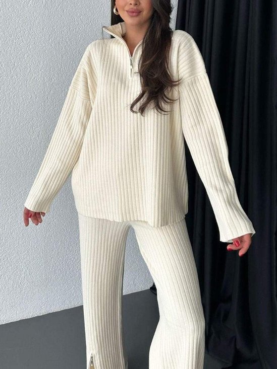 Women Plain Split Joint Two-Piece Set Daily Long Sleeve Casual Spring/Fall Top With Pants Matching Set