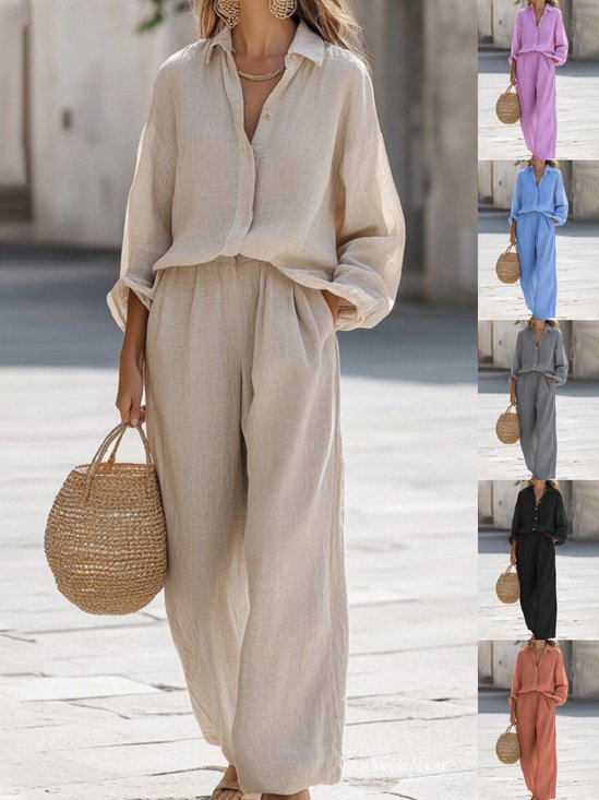 Women Plain Split Joint Two-Piece Set Daily Long Sleeve Casual Spring/Fall Top With Pants Matching Set