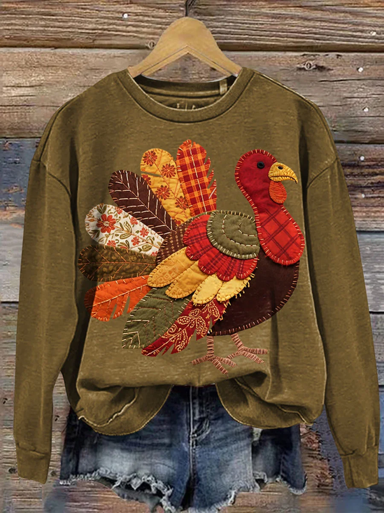 Women Turkey Crew Neck Printing Casual Spring/Fall Long Sleeve Sweatshirt