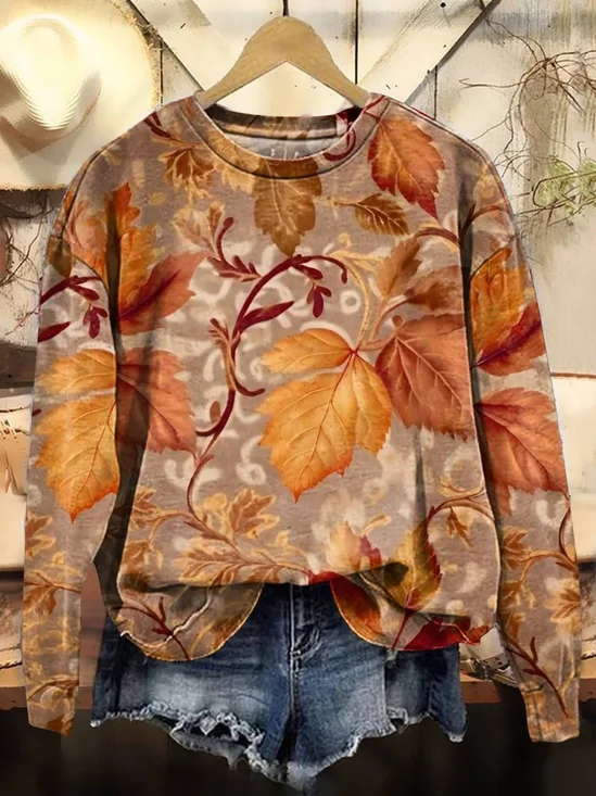 Women Maple Leaf Crew Neck Printing Casual Spring/Fall Long Sleeve Sweatshirt