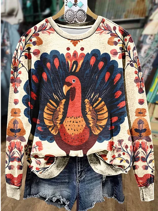 Women Turkey Crew Neck Printing Casual Spring/Fall Long Sleeve Sweatshirt