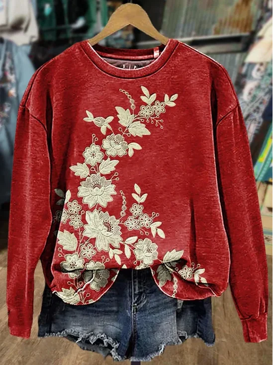 Women Floral Crew Neck Printing Casual Spring/Fall Long Sleeve Sweatshirt