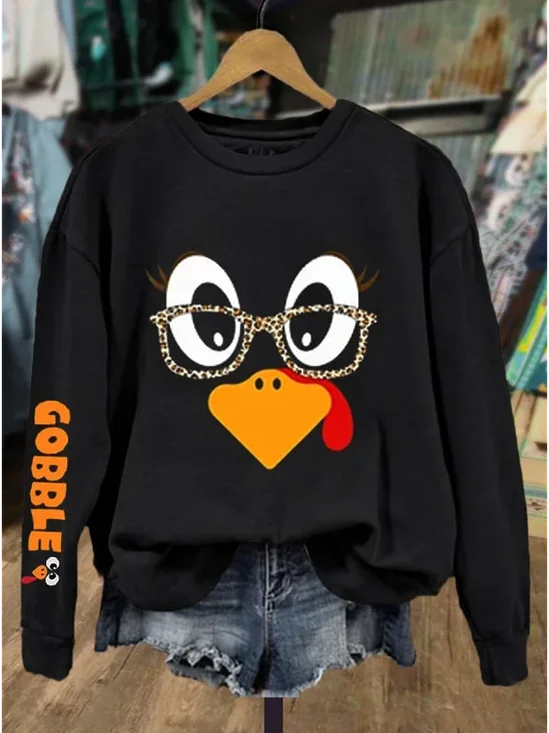 Women Turkey Crew Neck Printing Casual Spring/Fall Long Sleeve Sweatshirt