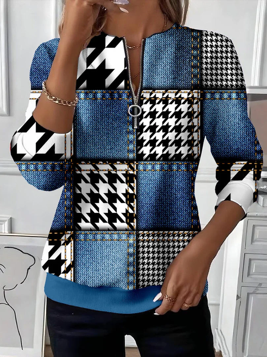 Women Houndstooth Crew Neck Printing Casual Spring/Fall Long Sleeve Sweatshirt