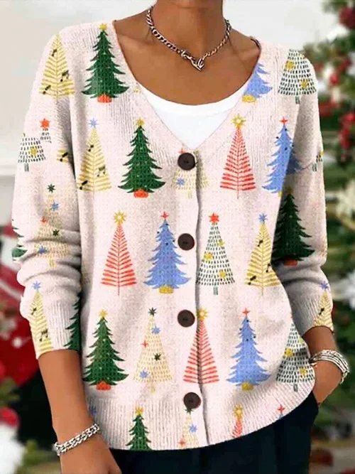 Women Christmas Long Sleeve V Neck Casual Spring/Fall Cardigan Outerwear