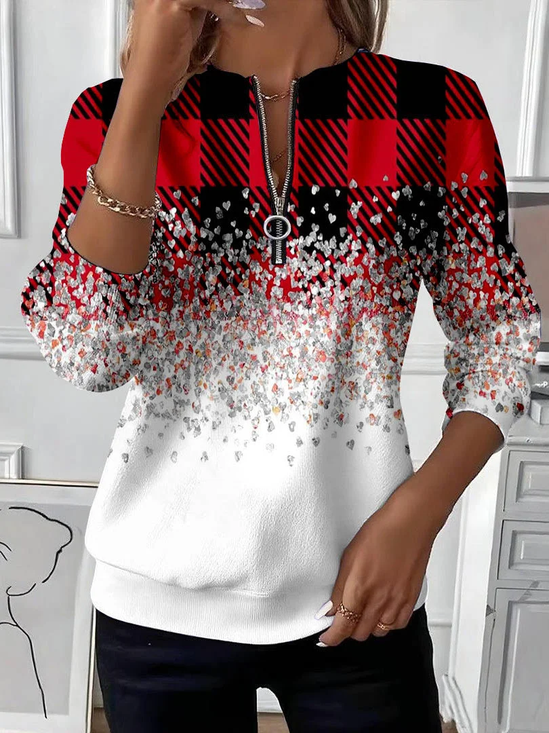 Women Plaid Crew Neck Printing Casual Spring/Fall Long Sleeve Sweatshirt