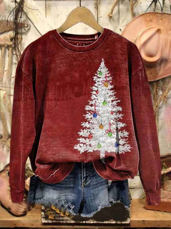 Women Christmas Tree Crew Neck Printing Casual Spring/Fall Long Sleeve Sweatshirt