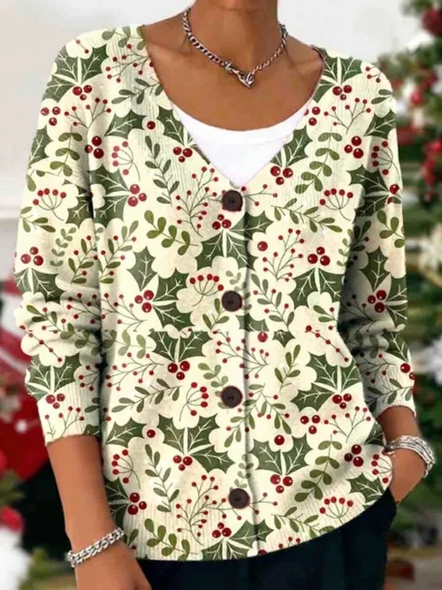 Women Floral Long Sleeve V Neck Casual Spring/Fall Cardigan Outerwear