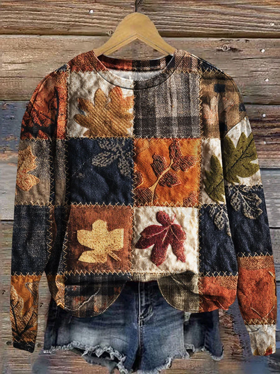 Women Maple Leaf Crew Neck Printing Casual Spring/Fall Long Sleeve Sweatshirt
