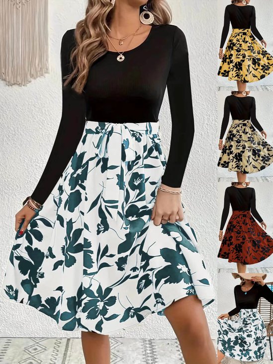 Women Floral Long Sleeve Spring/Fall Printing Dress Crew Neck Daily Vintage Mini Tank A-Line Dress