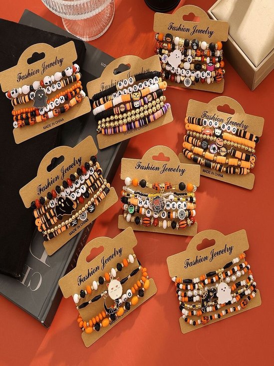 Halloween Series Polymer Clay Orange Pumpkin Skull Bat Fashion Personality Design Bracelet Set