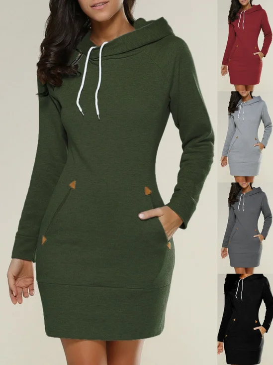 Women Plain Long Sleeve Spring/Fall Split Joint Dress Hoodie Daily Vintage Mini Tank A-Line Dress
