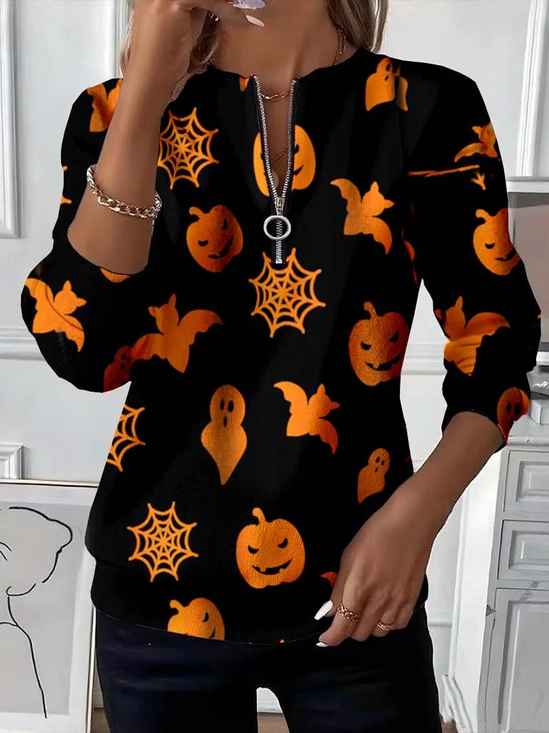 Women Halloween Crew Neck Printing Casual Spring/Fall Long Sleeve Sweatshirt