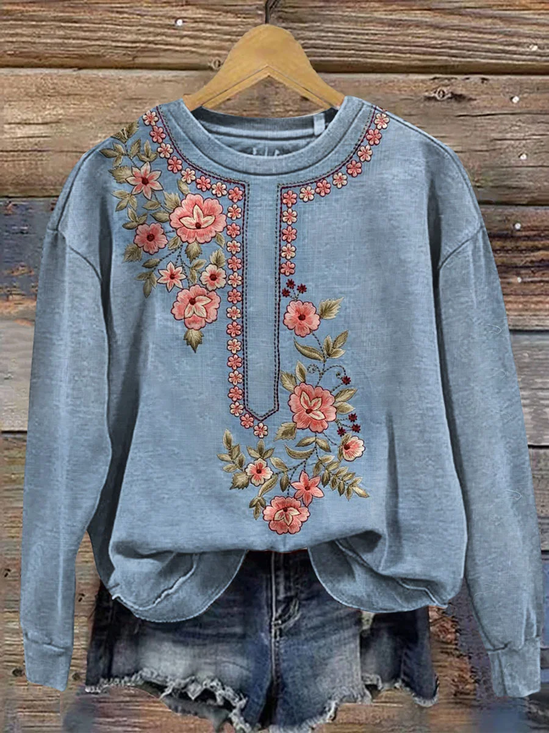 Women Floral Crew Neck Printing Casual Spring/Fall Long Sleeve Sweatshirt