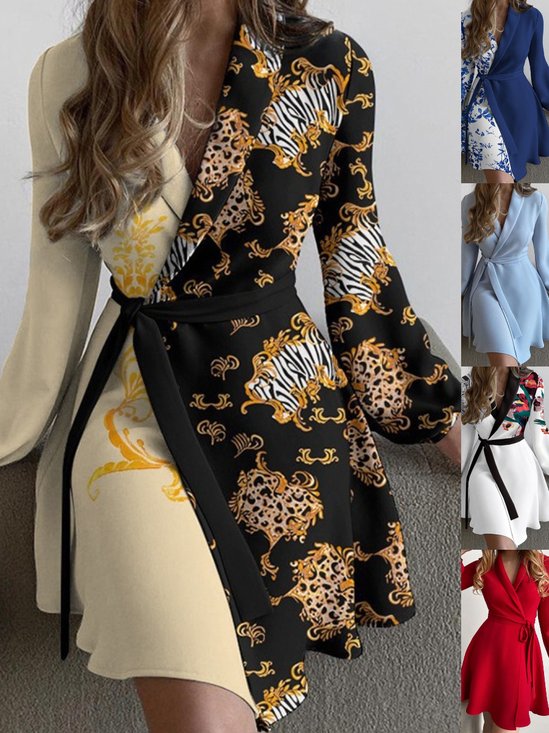 Women Floral Long Sleeve Spring/Fall Printing Dress V Neck Daily Vintage Mini Hip Skirt A-Line Dress