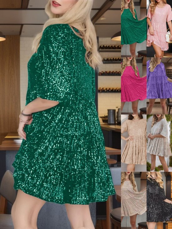 Women Plain Half Sleeve Summer Split Joint Dress Crew Neck Daily Vintage Mini Tank A-Line Dress