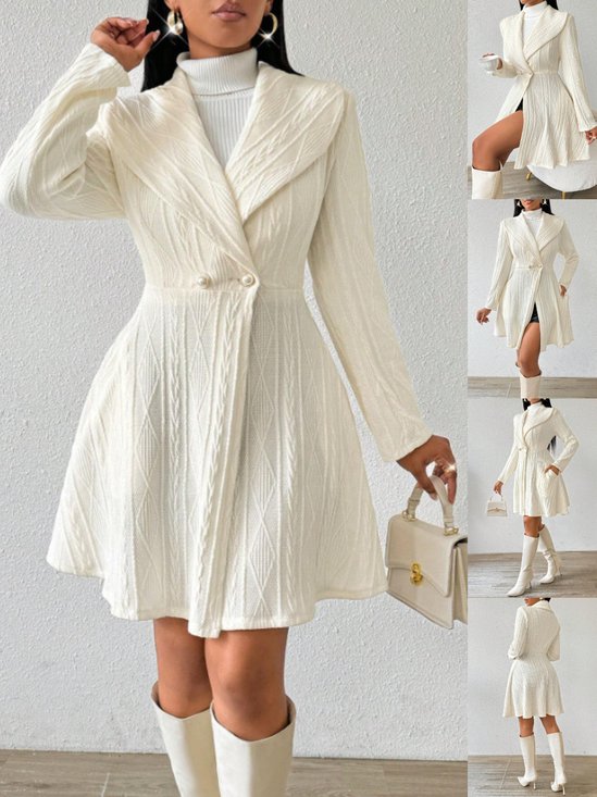 Women Autumn Outerwear Casual Jacquard Plain Long Sleeve Lapel Collar Jacket